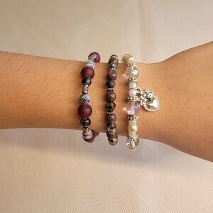 A Mix of Dark Red, Brown, and Pearl 3 Beaded Bracelet Set Vintage Style, Size S